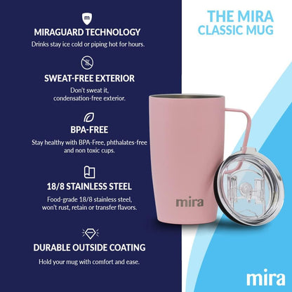 18 oz Insulated Coffee Mug - Stainless Steel Travel Cup with Easy-Grip Handle - Car Cup Holder Compatible - Taffy Pink
