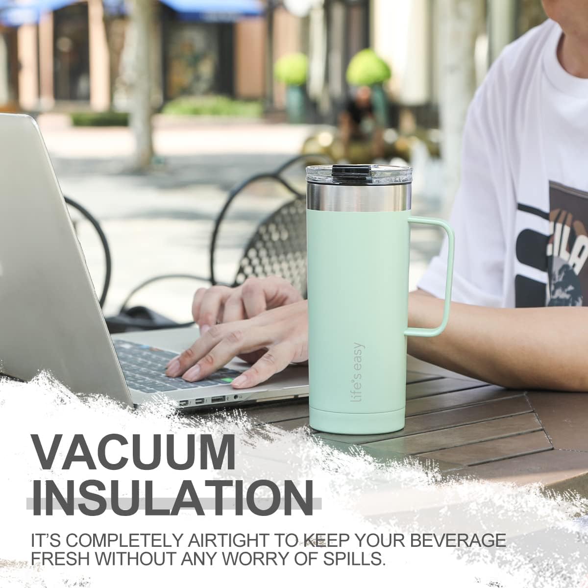 20oz Stainless Steel Mug w/Handle - Double Wall Insulated Travel Tumbler w/Flip Lid - Leak Proof Tumbler-Thermal Cup for Coffee, Tea & More - Keep Hot & Cold Drinks (Mint Green, 20 oz)