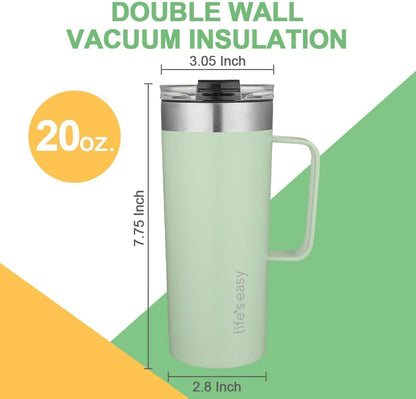 20oz Stainless Steel Mug w/Handle - Double Wall Insulated Travel Tumbler w/Flip Lid - Leak Proof Tumbler-Thermal Cup for Coffee, Tea & More - Keep Hot & Cold Drinks (Mint Green, 20 oz)