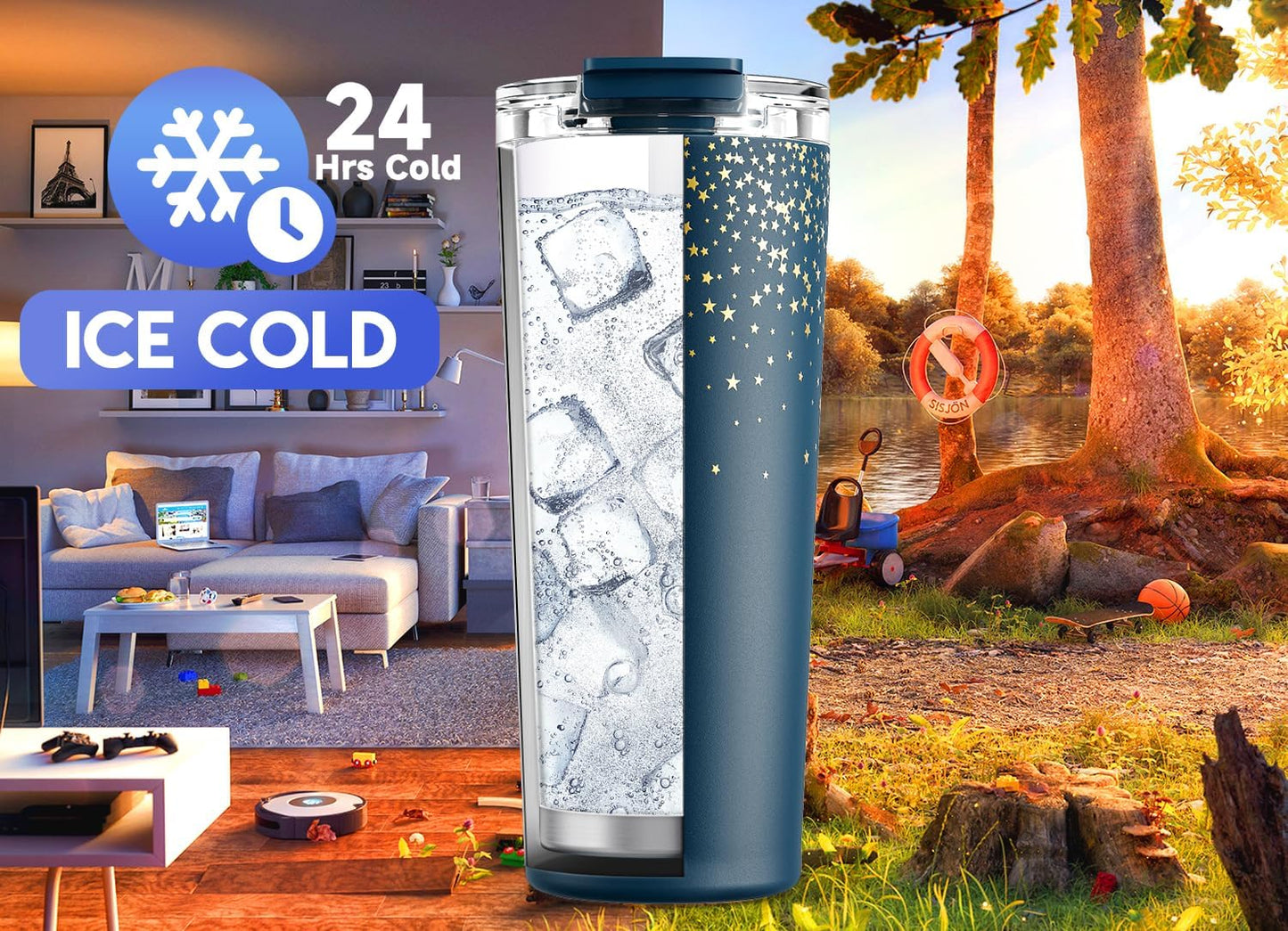 24 oz Insulated Travel Coffee Mug: Leak Proof Lid, Night | Stainless Steel Coffee Tumbler, Keeps Hot for 8 Hours or Cold for 24 Hours, Fits in Car Cup Holder, BPA Free