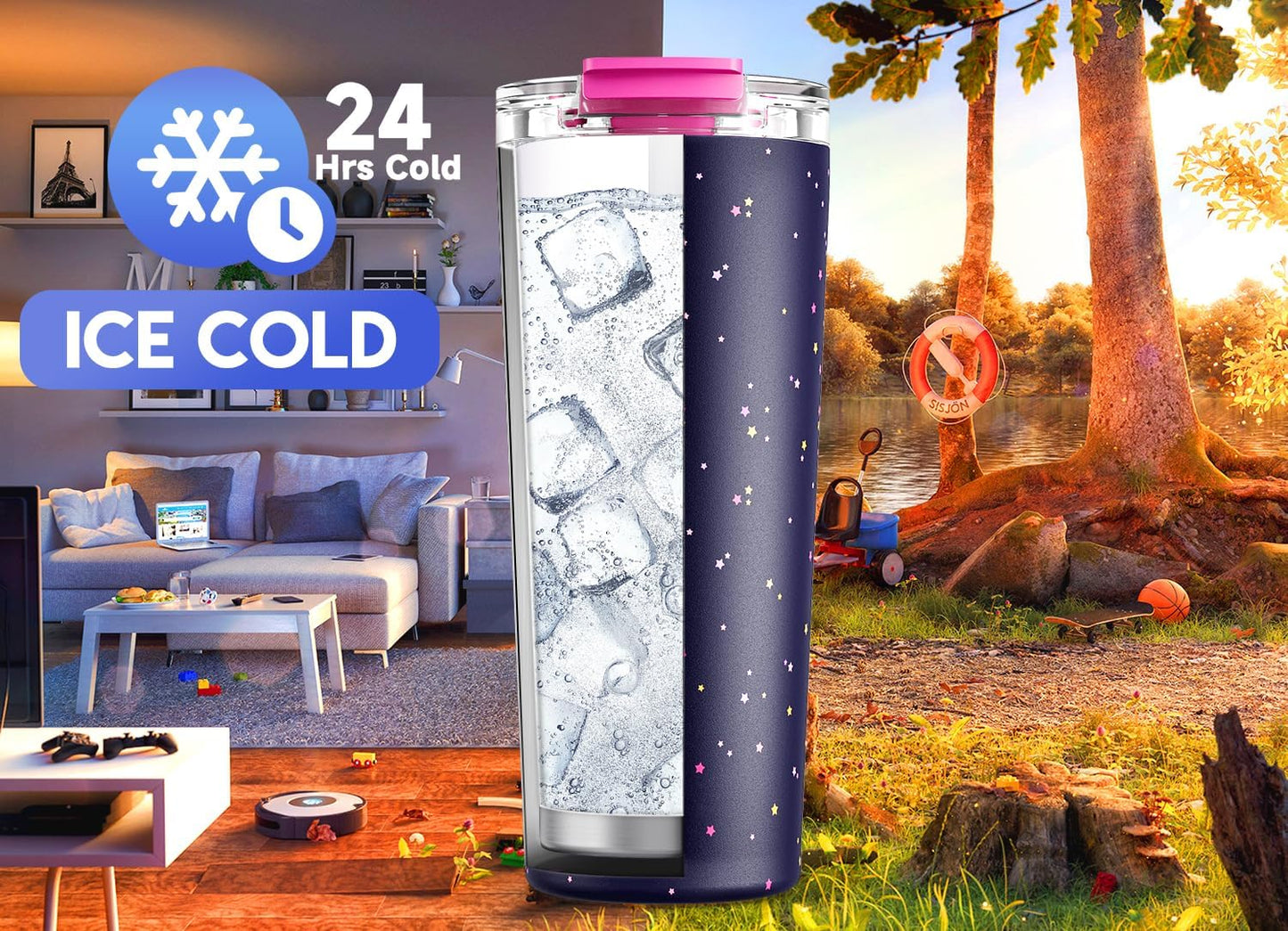 24 oz Insulated Travel Coffee Mug: Leak Proof Lid, Night | Stainless Steel Coffee Tumbler, Keeps Hot for 8 Hours or Cold for 24 Hours, Fits in Car Cup Holder, BPA Free