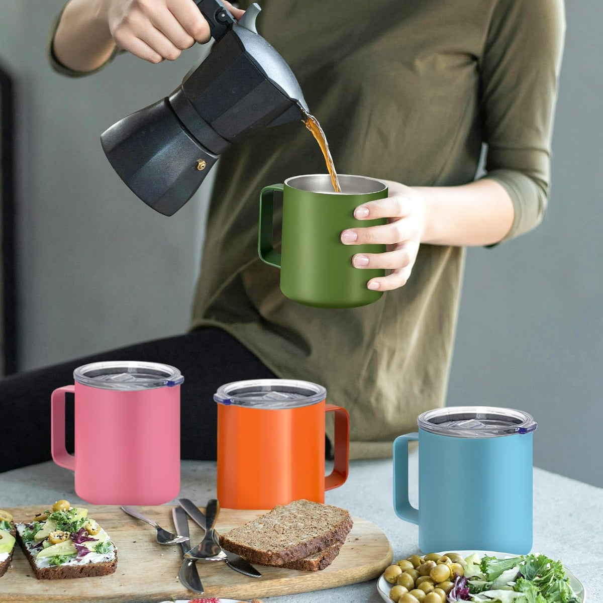 16 Pack Stainless Steel Insulated Coffee Mug Bulk with Handle & Lids, 12oz Vacuum Insulated Double Wall Travel Mug for Hot and Cold Drinks Home Office Car, 16 Colors