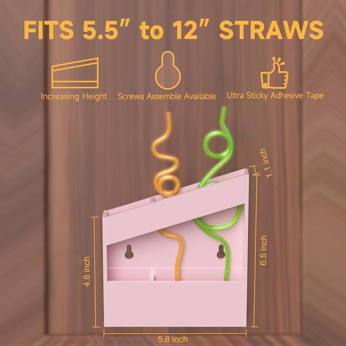 Acrylic Straw Holder for Cabinet - 9.5 Inch Clear Reusable Straw Organizer Dispenser with Ultra Sticky Adhesive Tapes, Slanted Kitchen Accessories Container Cupboard Door Mounted