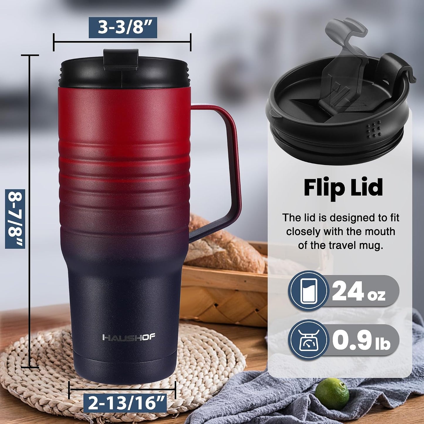 24 oz Travel Mug, Stainless Double Wall Vacuum Insulated Tumbler with Handle & Spill Proof Twist On Flip Lid and Wide Mouth, BPA Free (Navy Blue)