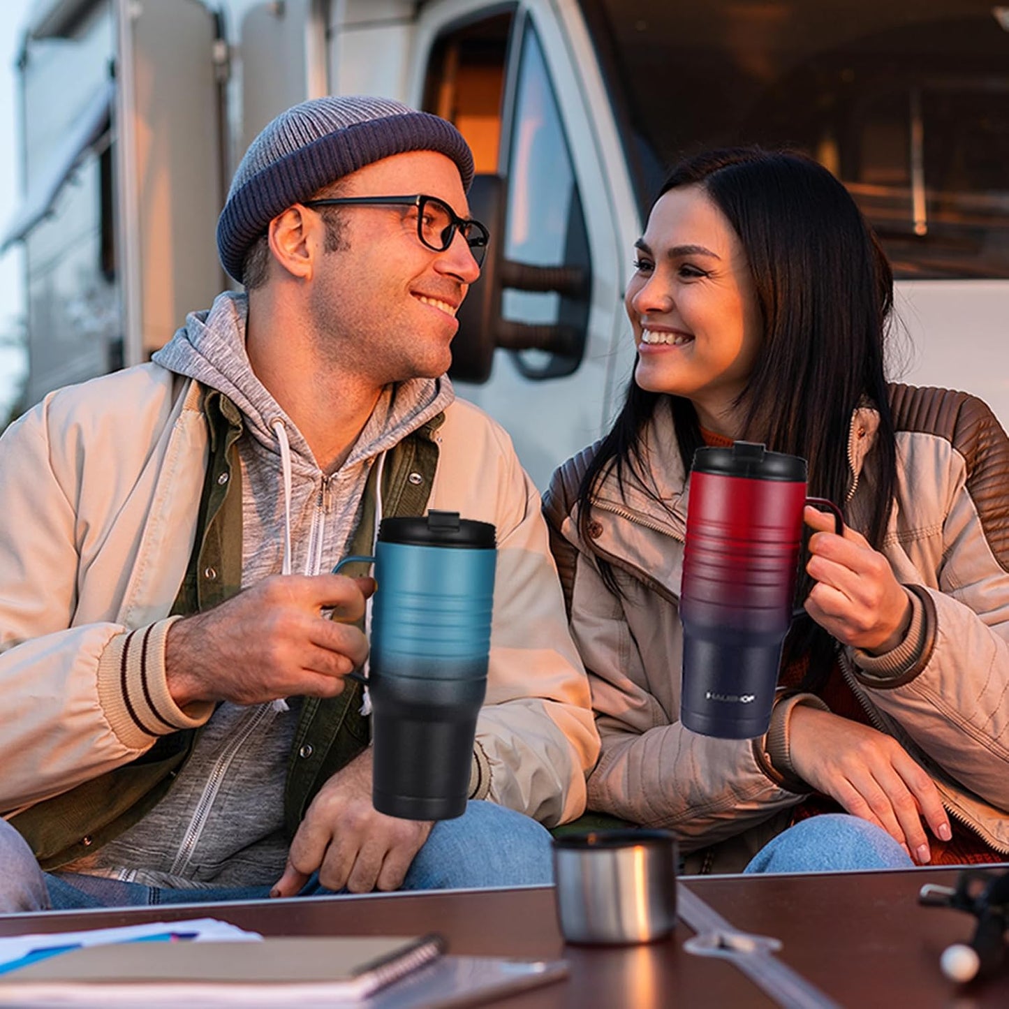 24 oz Travel Mug, Stainless Double Wall Vacuum Insulated Tumbler with Handle & Spill Proof Twist On Flip Lid and Wide Mouth, BPA Free (Navy Blue)