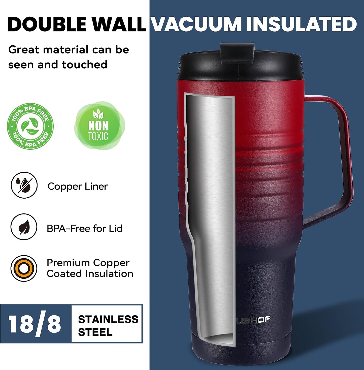 24 oz Travel Mug, Stainless Double Wall Vacuum Insulated Tumbler with Handle & Spill Proof Twist On Flip Lid and Wide Mouth, BPA Free (Navy Blue)