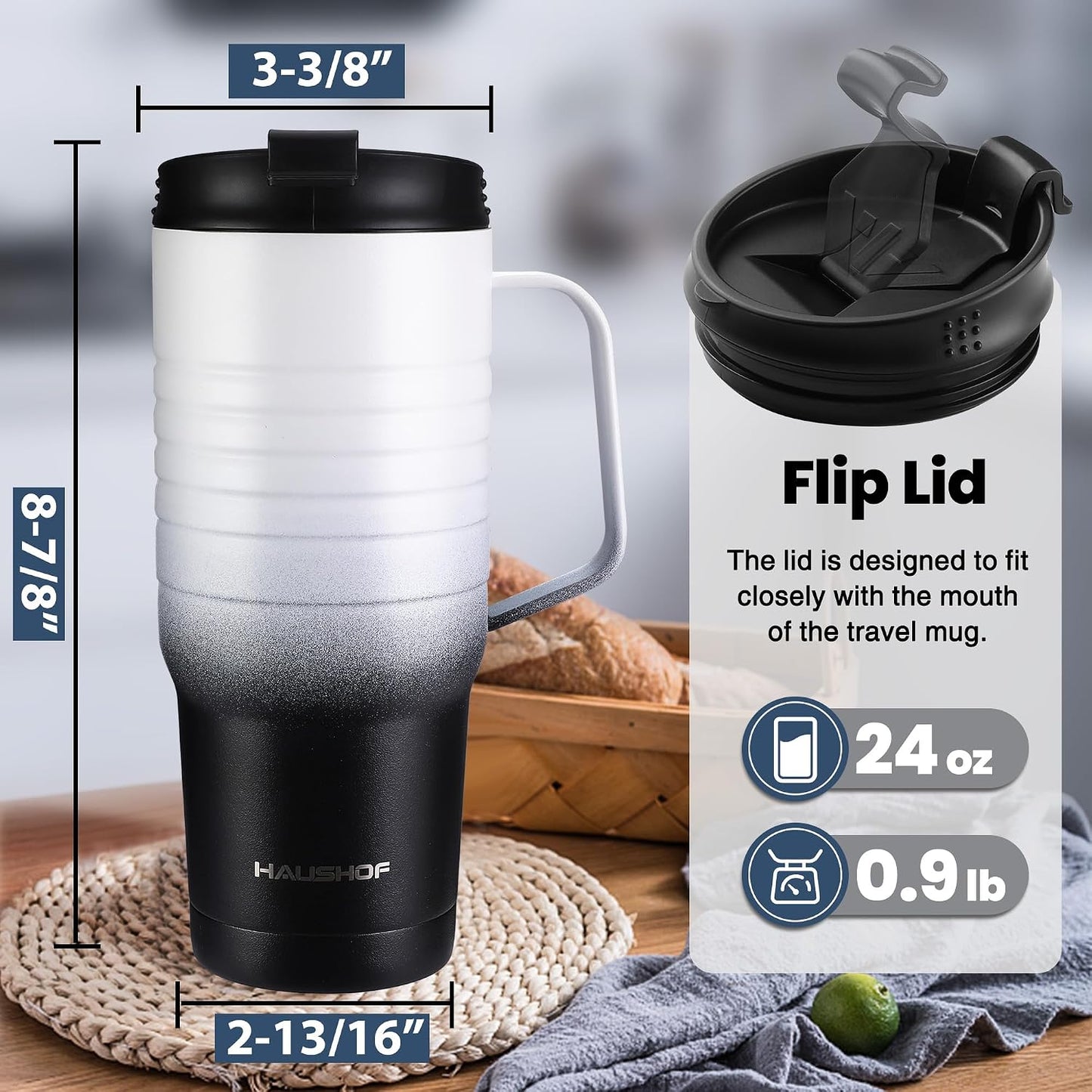 24 oz Travel Mug, Stainless Double Wall Vacuum Insulated Tumbler with Handle & Spill Proof Twist On Flip Lid and Wide Mouth, BPA Free (Navy Blue)