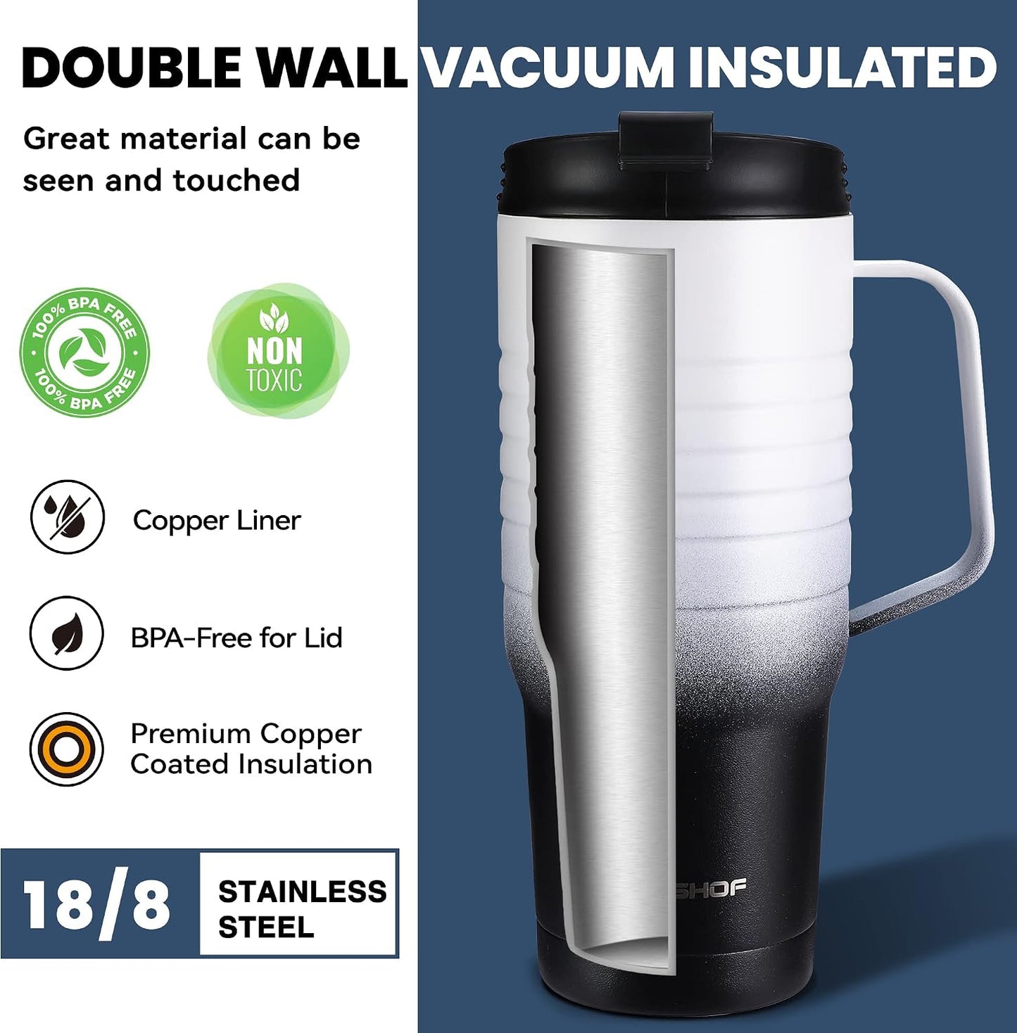 24 oz Travel Mug, Stainless Double Wall Vacuum Insulated Tumbler with Handle & Spill Proof Twist On Flip Lid and Wide Mouth, BPA Free (Navy Blue)