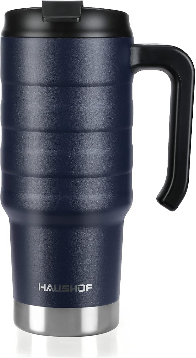24 oz Travel Mug, Stainless Double Wall Vacuum Insulated Tumbler with Handle & Spill Proof Twist On Flip Lid and Wide Mouth, BPA Free (Navy Blue)