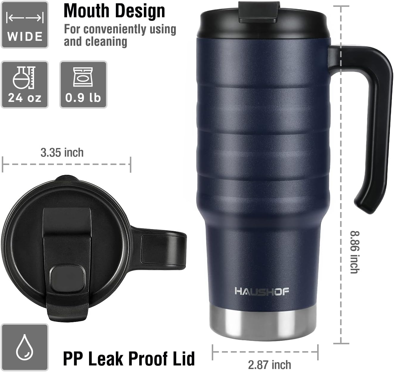 24 oz Travel Mug, Stainless Double Wall Vacuum Insulated Tumbler with Handle & Spill Proof Twist On Flip Lid and Wide Mouth, BPA Free (Navy Blue)