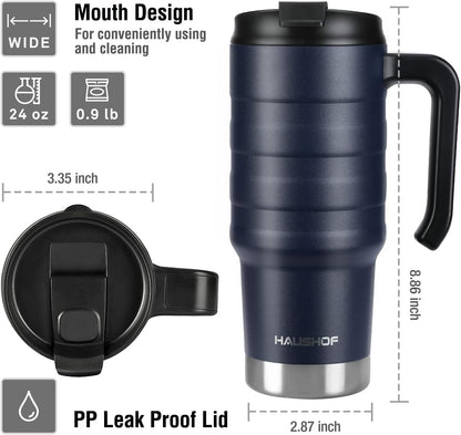 24 oz Travel Mug, Stainless Double Wall Vacuum Insulated Tumbler with Handle & Spill Proof Twist On Flip Lid and Wide Mouth, BPA Free (Navy Blue)