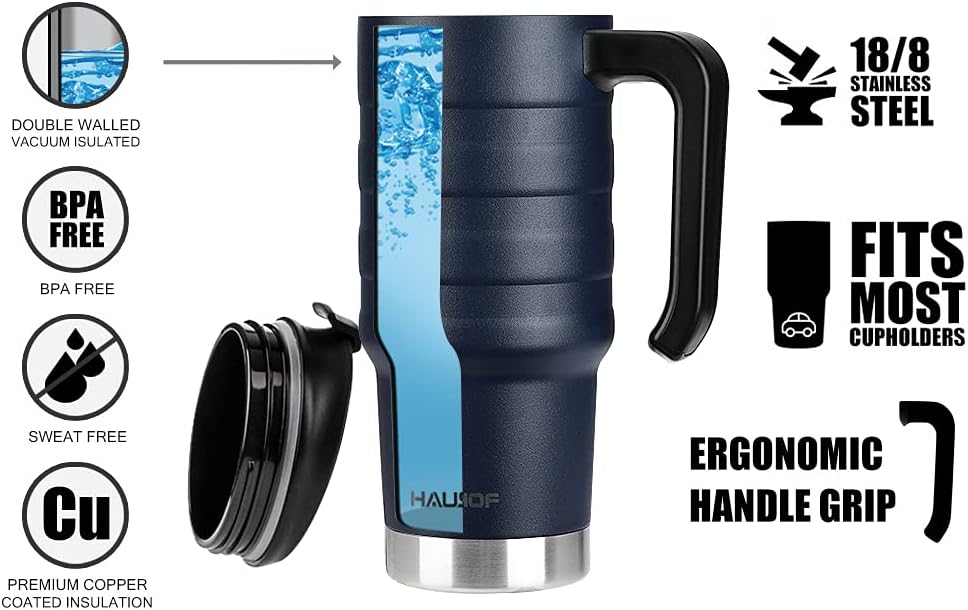 24 oz Travel Mug, Stainless Double Wall Vacuum Insulated Tumbler with Handle & Spill Proof Twist On Flip Lid and Wide Mouth, BPA Free (Navy Blue)