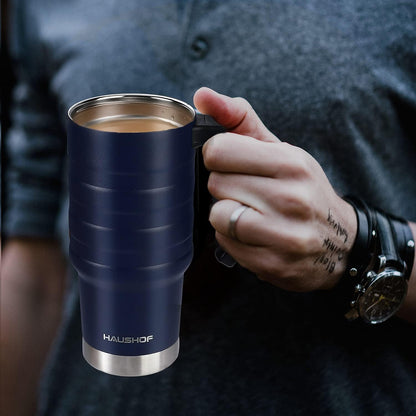 24 oz Travel Mug, Stainless Double Wall Vacuum Insulated Tumbler with Handle & Spill Proof Twist On Flip Lid and Wide Mouth, BPA Free (Navy Blue)