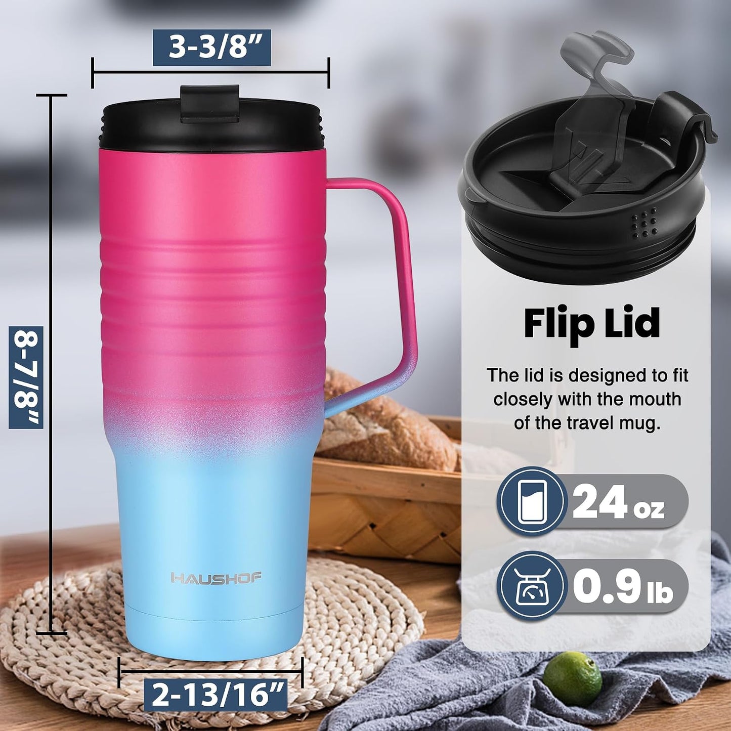 24 oz Travel Mug, Stainless Double Wall Vacuum Insulated Tumbler with Handle & Spill Proof Twist On Flip Lid and Wide Mouth, BPA Free (Navy Blue)