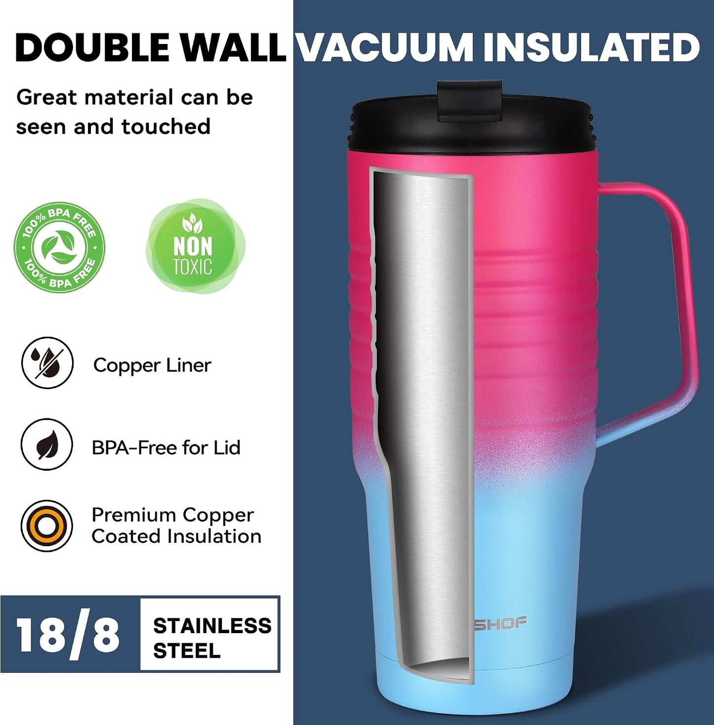24 oz Travel Mug, Stainless Double Wall Vacuum Insulated Tumbler with Handle & Spill Proof Twist On Flip Lid and Wide Mouth, BPA Free (Navy Blue)