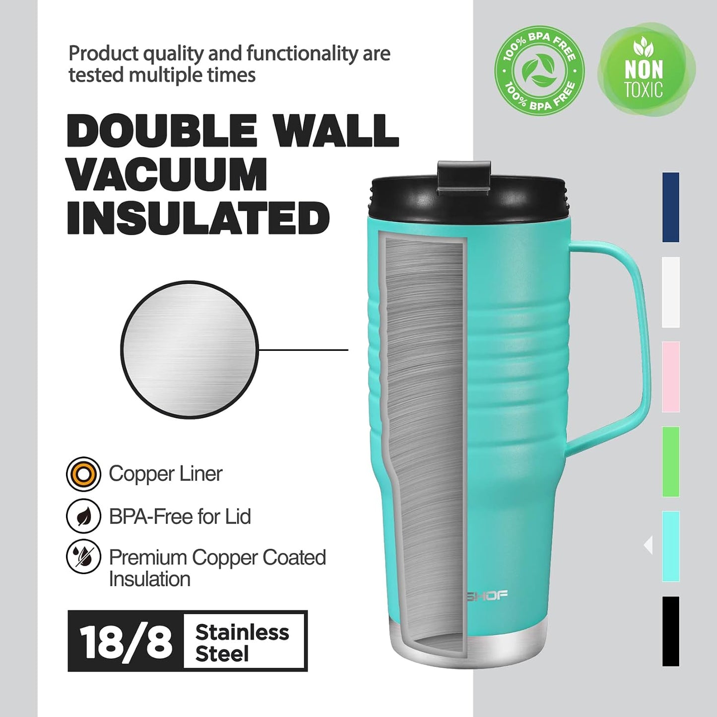 24 oz Travel Mug, Stainless Double Wall Vacuum Insulated Tumbler with Handle & Spill Proof Twist On Flip Lid and Wide Mouth, BPA Free (Navy Blue)