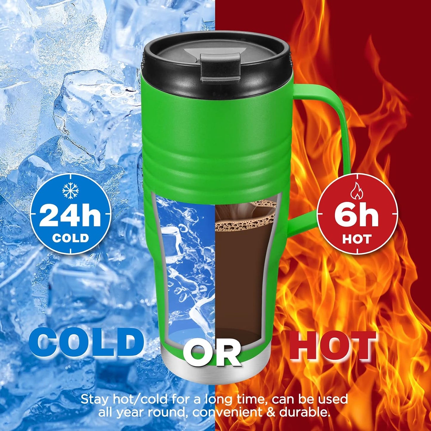 24 oz Travel Mug, Stainless Double Wall Vacuum Insulated Tumbler with Handle & Spill Proof Twist On Flip Lid and Wide Mouth, BPA Free (Navy Blue)