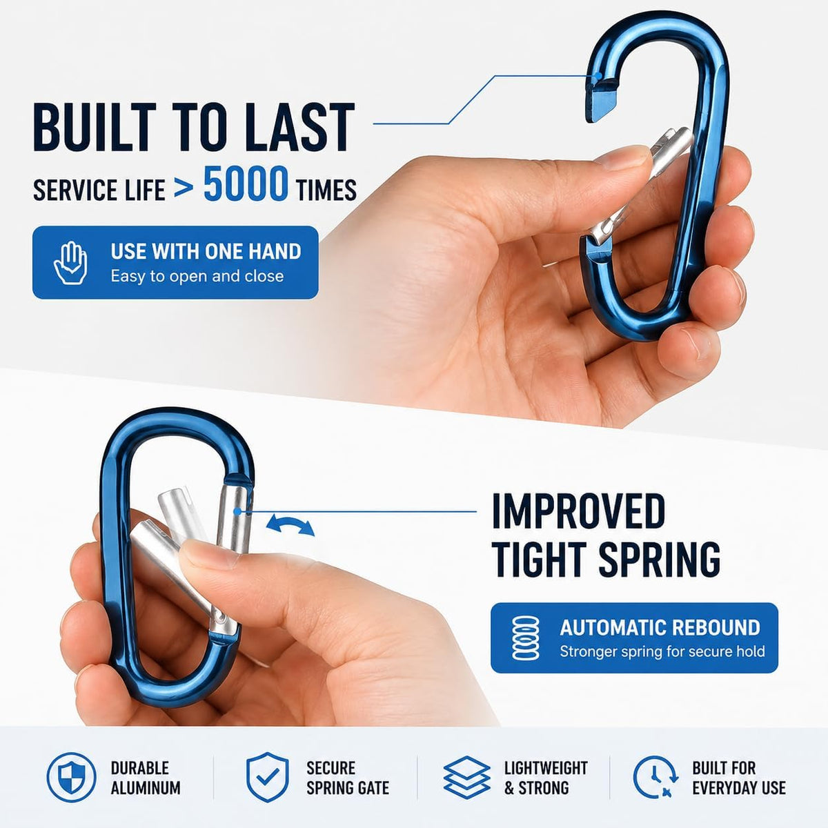 Carabiner Caribeaner Clip,3" Large Aluminum D Ring Shape Carabeaner with Keyring Keychain Hook