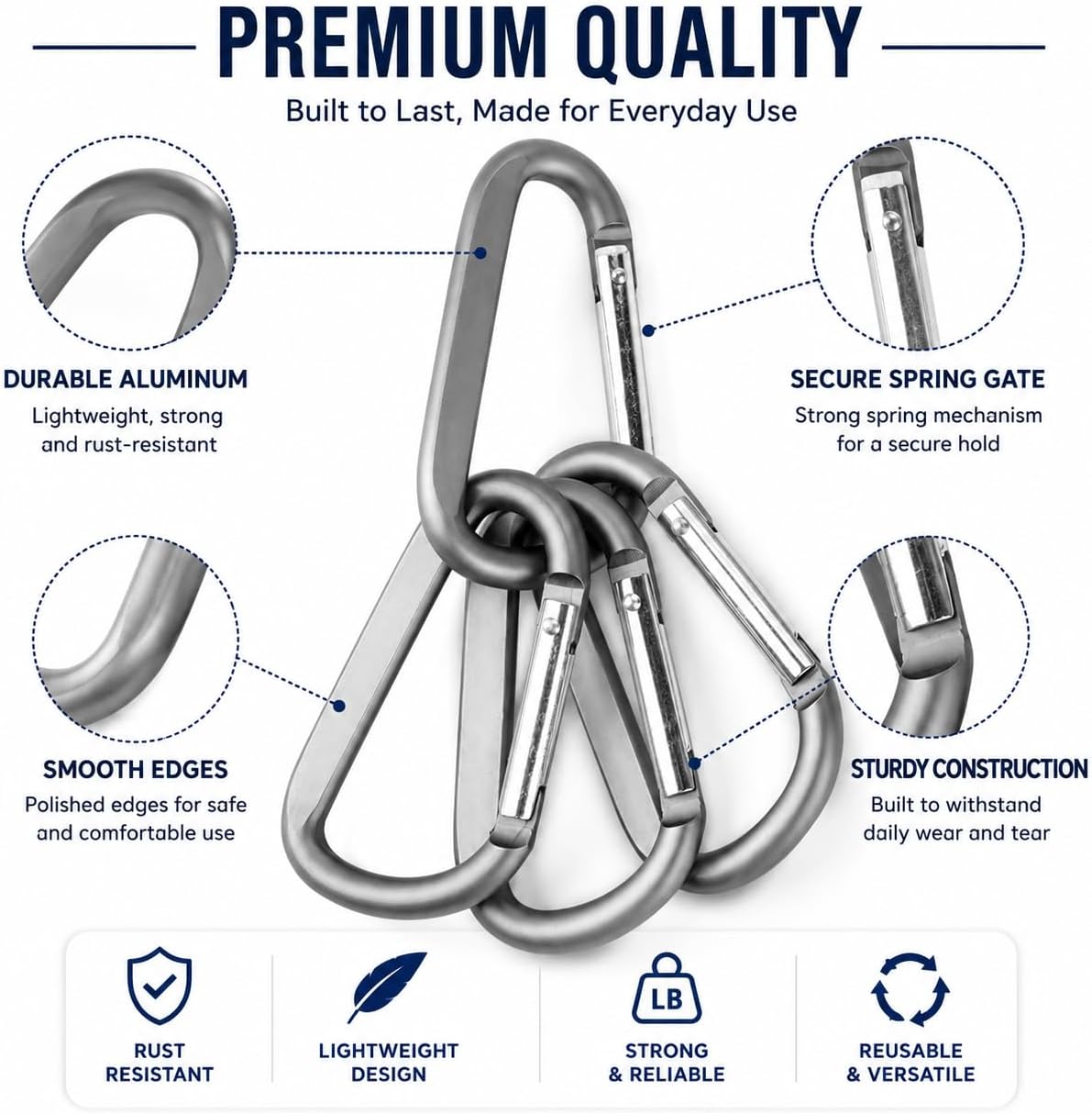 Carabiner Caribeaner Clip,3" Large Aluminum D Ring Shape Carabeaner with Keyring Keychain Hook