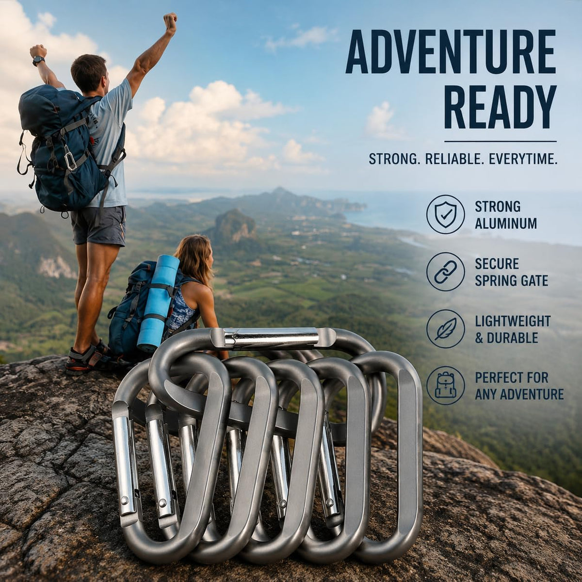 Carabiner Caribeaner Clip,3" Large Aluminum D Ring Shape Carabeaner with Keyring Keychain Hook