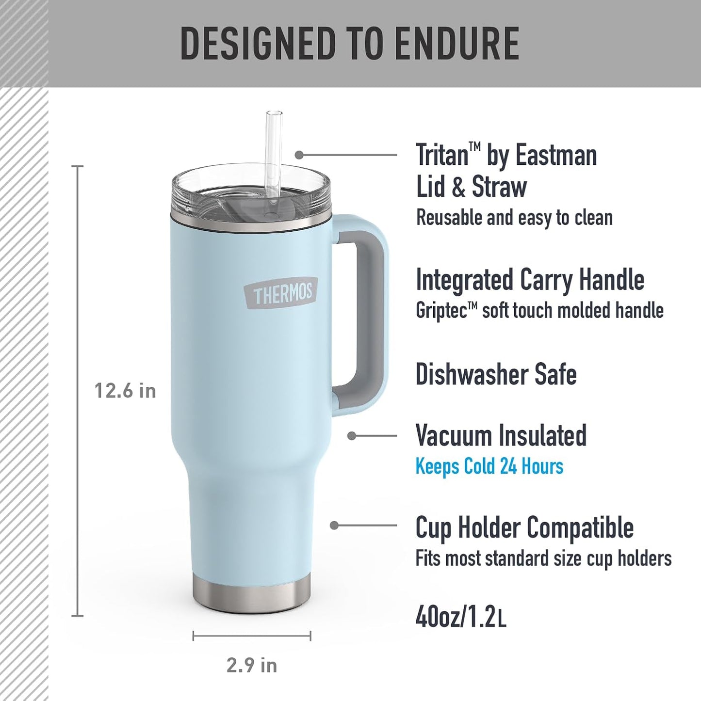 Stainless Steel Cup Holder Mug - 40 Ounce, Granite - Insulated Tumbler with Lid and Straw, Plus Leak-Resistant Slide Lock