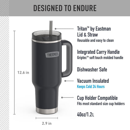 Stainless Steel Cup Holder Mug - 40 Ounce, Granite - Insulated Tumbler with Lid and Straw, Plus Leak-Resistant Slide Lock
