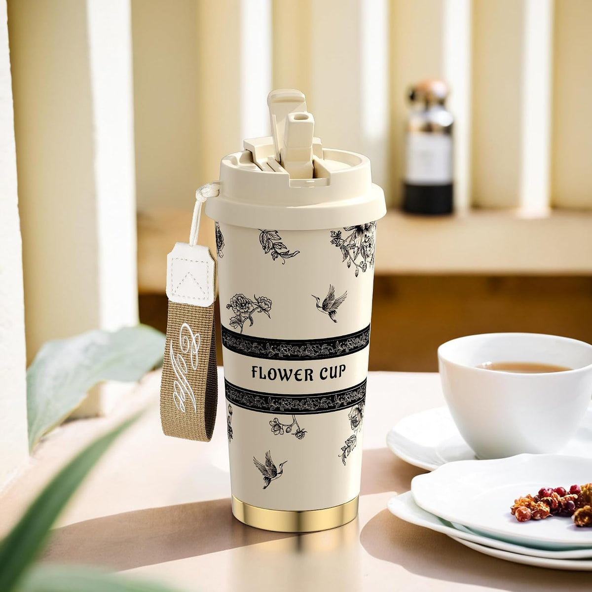 [2-IN-1 LID] Travel Mug,Coffe mug,Coffe cup,Ceramic coating Lined,316 Stainless Steel,BPA Free,Vacuum Insulated Tumbler for Water, Iced Tea or Coffee, Smoothie and More (Peony-White, 18 Onuces)