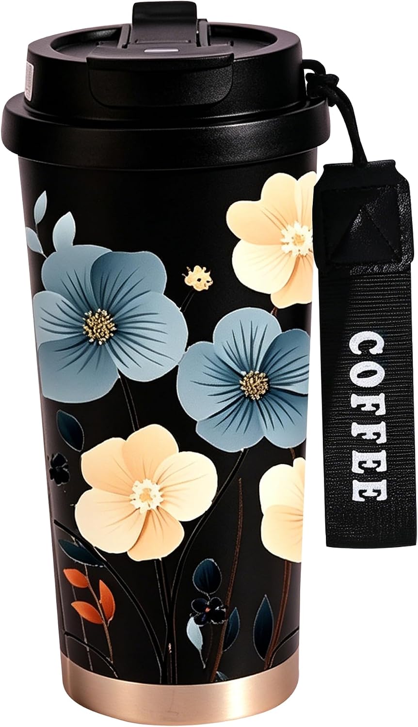 [2-IN-1 LID] Travel Mug,Coffe mug,Coffe cup,Ceramic coating Lined,316 Stainless Steel,BPA Free,Vacuum Insulated Tumbler for Water, Iced Tea or Coffee, Smoothie and More (Peony-White, 18 Onuces)