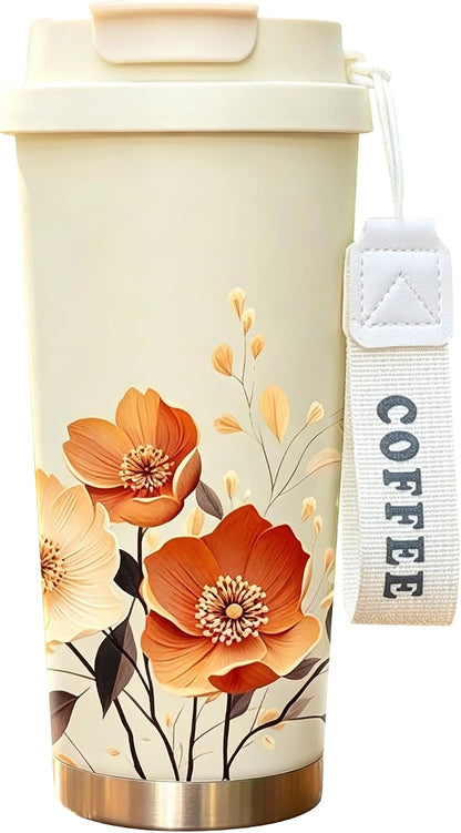 [2-IN-1 LID] Travel Mug,Coffe mug,Coffe cup,Ceramic coating Lined,316 Stainless Steel,BPA Free,Vacuum Insulated Tumbler for Water, Iced Tea or Coffee, Smoothie and More (Peony-White, 18 Onuces)