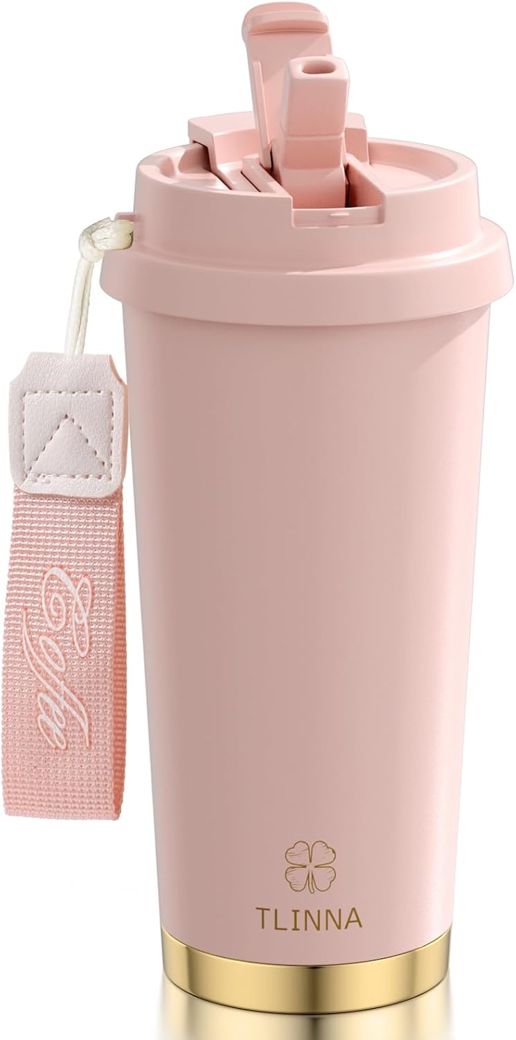 [2-IN-1 LID] Travel Mug,Coffe mug,Coffe cup,Ceramic coating Lined,316 Stainless Steel,BPA Free,Vacuum Insulated Tumbler for Water, Iced Tea or Coffee, Smoothie and More (Peony-White, 18 Onuces)