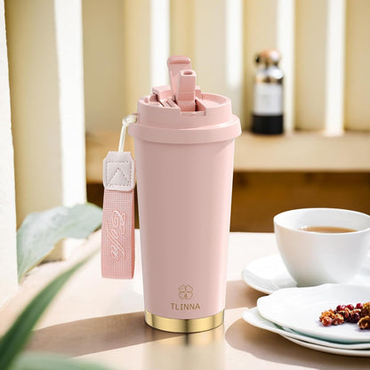 [2-IN-1 LID] Travel Mug,Coffe mug,Coffe cup,Ceramic coating Lined,316 Stainless Steel,BPA Free,Vacuum Insulated Tumbler for Water, Iced Tea or Coffee, Smoothie and More (Peony-White, 18 Onuces)
