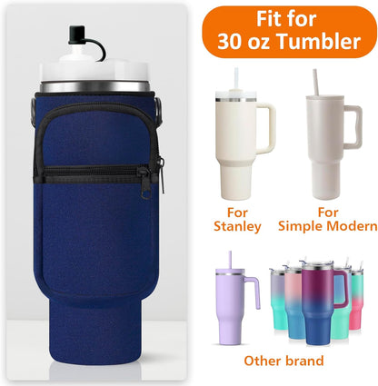Water Bottle Carrier Bag with Paracord Handle for Stanley 40/30 oz Tumbler Neoprene Insulated Mug Sleeve Pouch with 2 Pockets & Adjustable Strap & Straw Cover for Stanley Cup Accessories