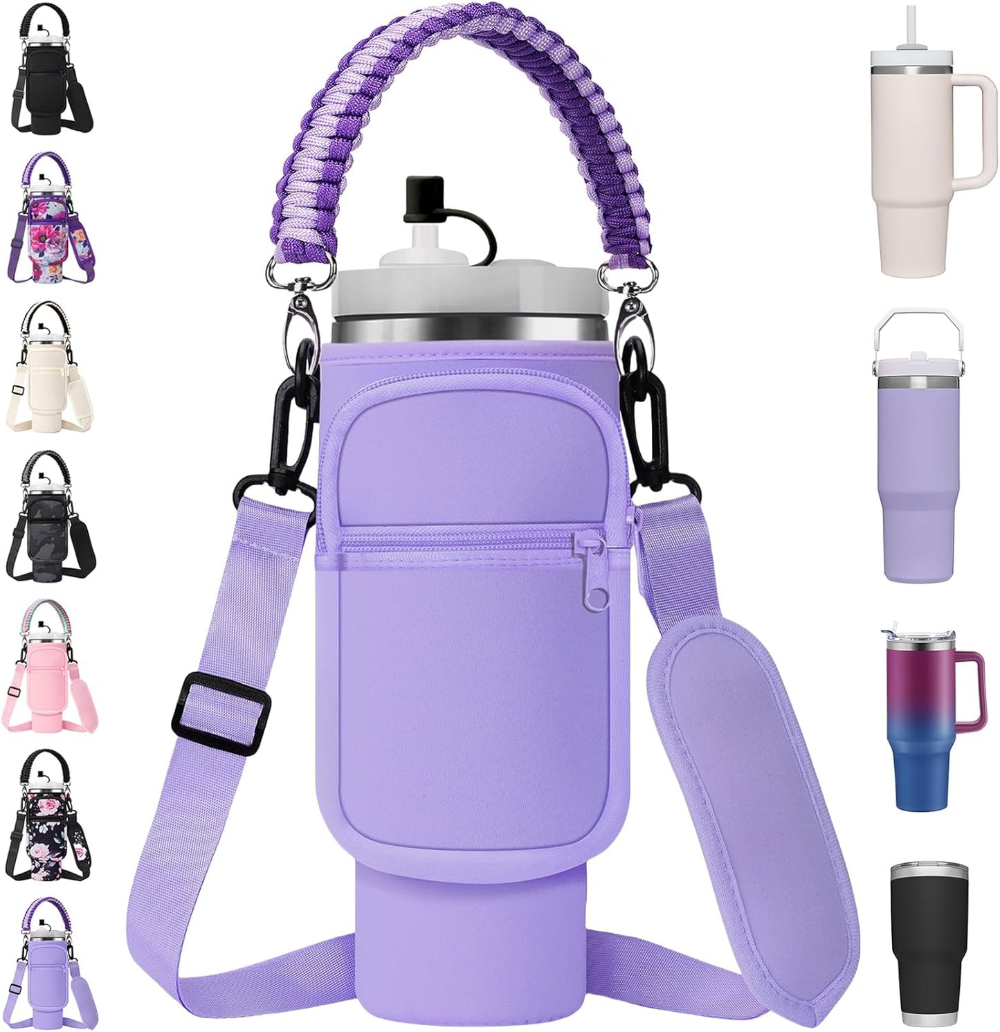 Water Bottle Carrier Bag with Paracord Handle for Stanley 40/30 oz Tumbler Neoprene Insulated Mug Sleeve Pouch with 2 Pockets & Adjustable Strap & Straw Cover for Stanley Cup Accessories