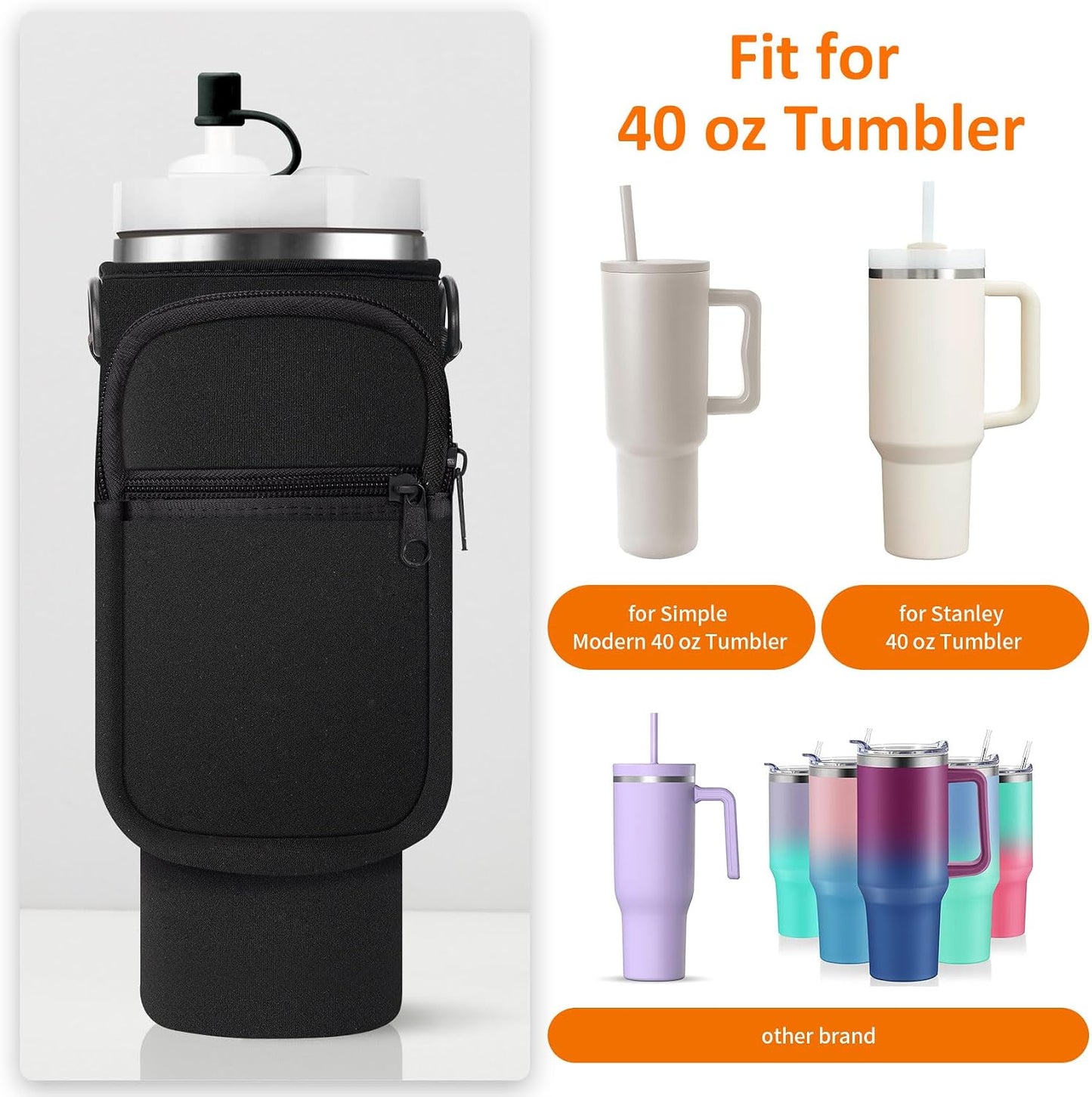 Water Bottle Carrier Bag with Paracord Handle for Stanley 40/30 oz Tumbler Neoprene Insulated Mug Sleeve Pouch with 2 Pockets & Adjustable Strap & Straw Cover for Stanley Cup Accessories