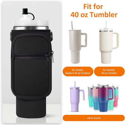 Water Bottle Carrier Bag with Paracord Handle for Stanley 40/30 oz Tumbler Neoprene Insulated Mug Sleeve Pouch with 2 Pockets & Adjustable Strap & Straw Cover for Stanley Cup Accessories
