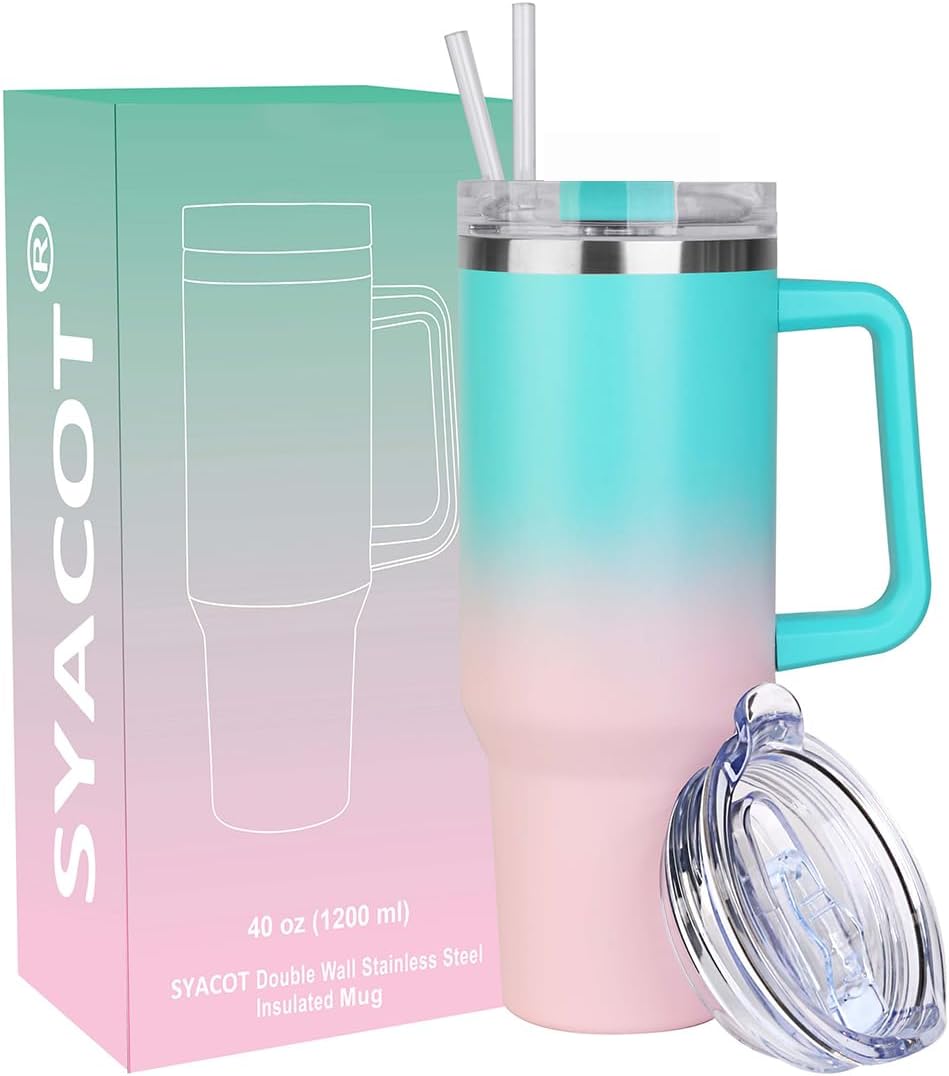 40 oz Tumbler with Handle and Straw Stainless Steel Insulated Tumbler Leak Proof Lid and Straw Lid Reusable Travel Mug Coffee Mug Cup Dishwasher Safe Keep Drinks Cold and Hot (Pink Dusk)