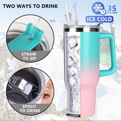 40 oz Tumbler with Handle and Straw Stainless Steel Insulated Tumbler Leak Proof Lid and Straw Lid Reusable Travel Mug Coffee Mug Cup Dishwasher Safe Keep Drinks Cold and Hot (Pink Dusk)