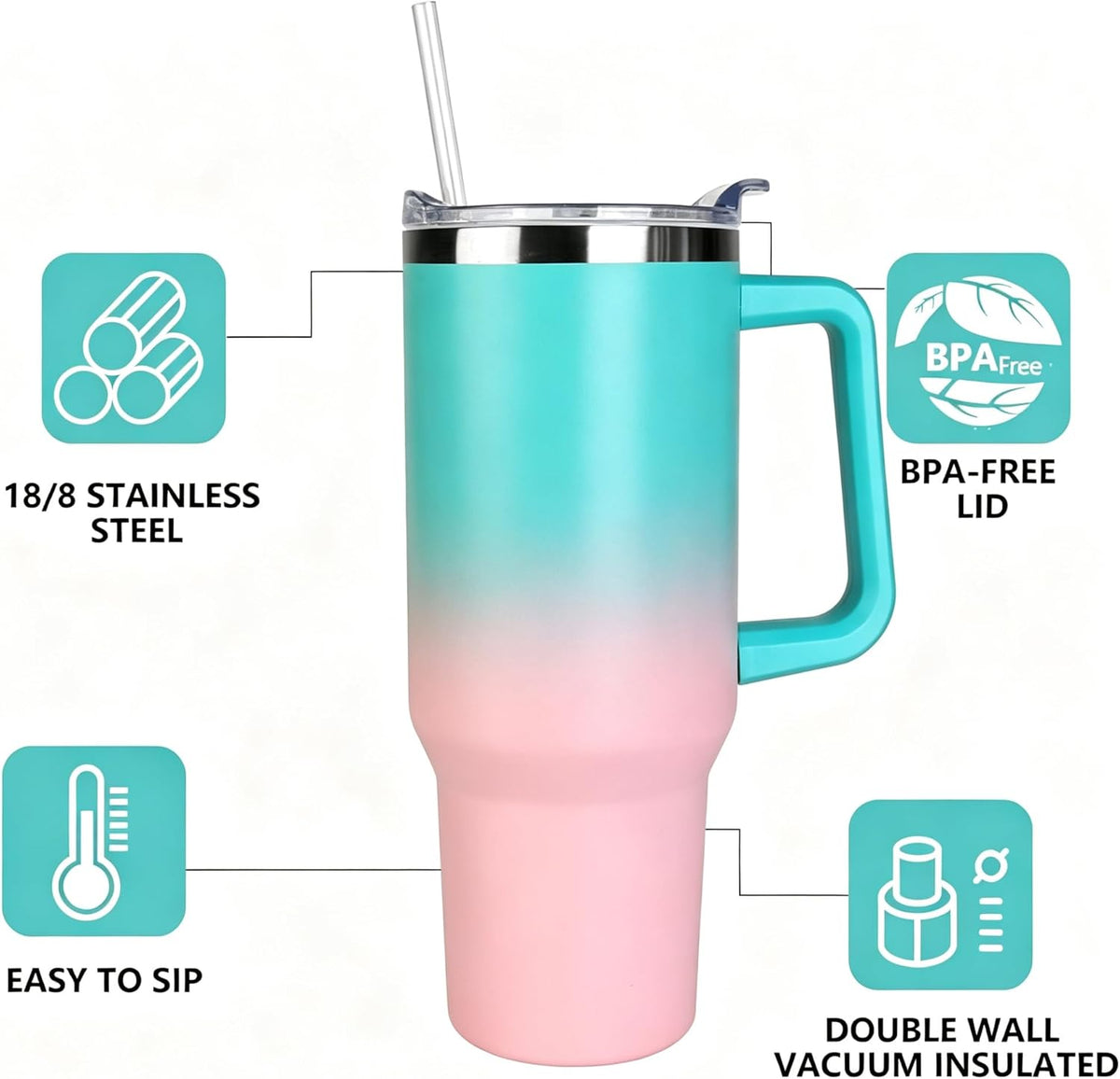 40 oz Tumbler with Handle and Straw Stainless Steel Insulated Tumbler Leak Proof Lid and Straw Lid Reusable Travel Mug Coffee Mug Cup Dishwasher Safe Keep Drinks Cold and Hot (Pink Dusk)
