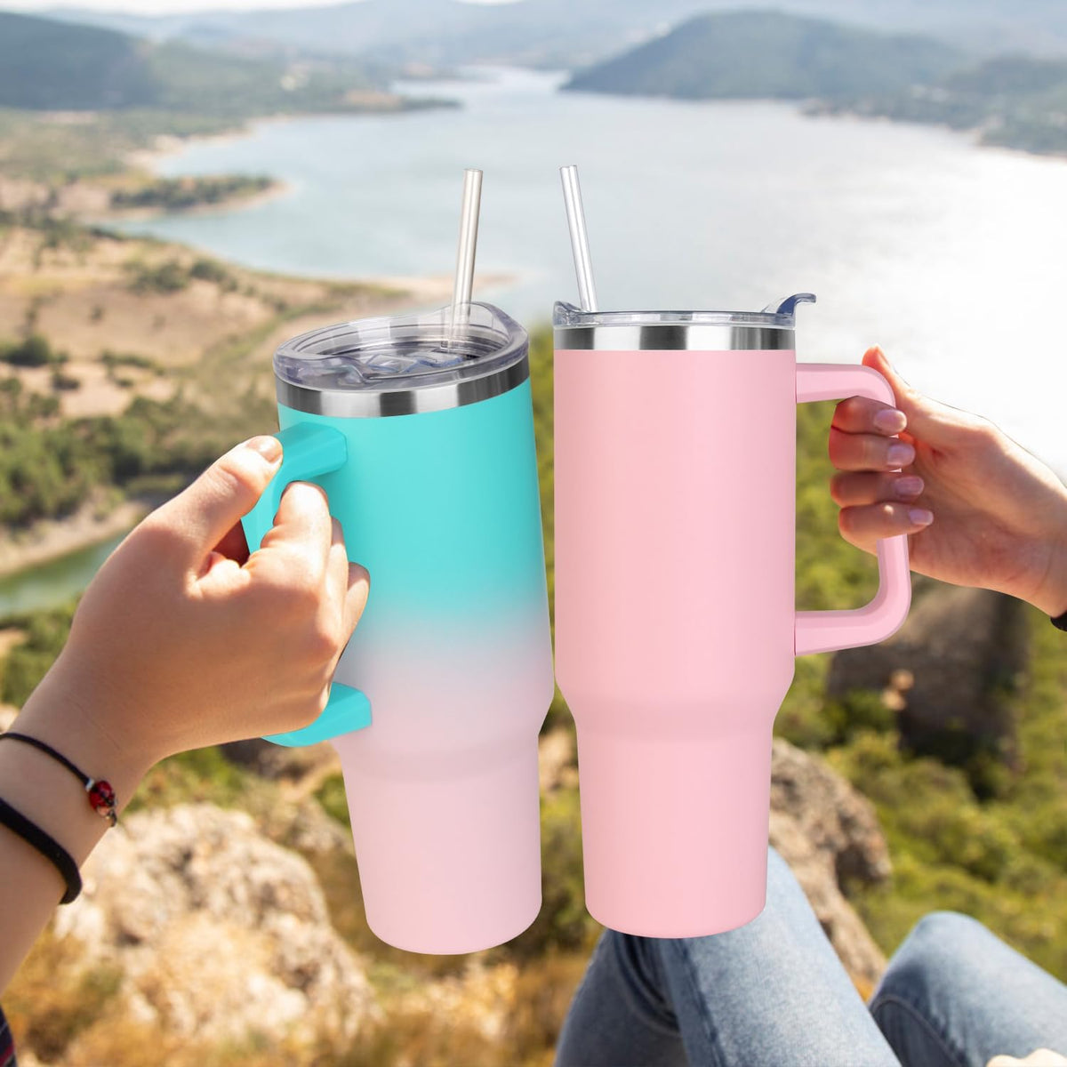 40 oz Tumbler with Handle and Straw Stainless Steel Insulated Tumbler Leak Proof Lid and Straw Lid Reusable Travel Mug Coffee Mug Cup Dishwasher Safe Keep Drinks Cold and Hot (Pink Dusk)