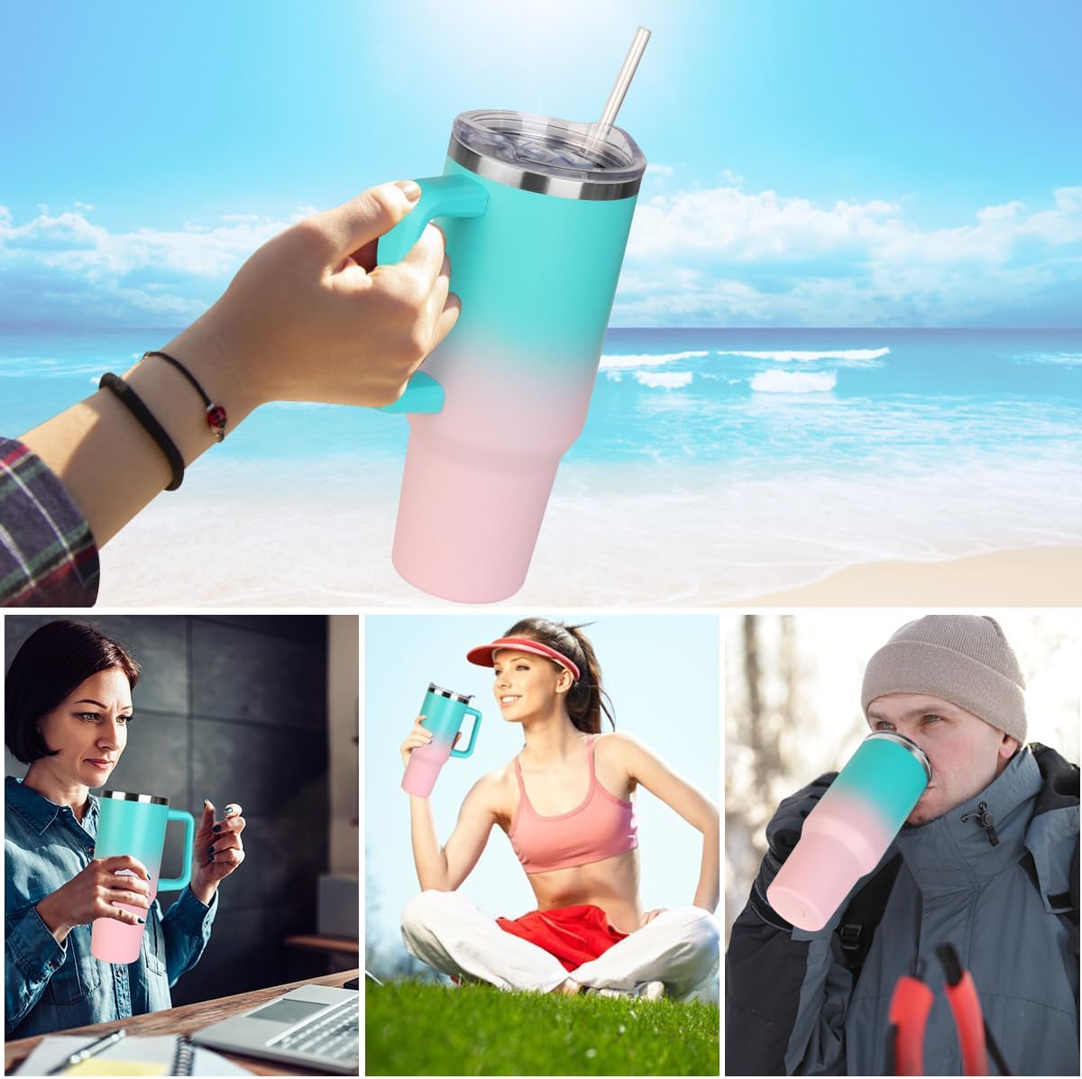 40 oz Tumbler with Handle and Straw Stainless Steel Insulated Tumbler Leak Proof Lid and Straw Lid Reusable Travel Mug Coffee Mug Cup Dishwasher Safe Keep Drinks Cold and Hot (Pink Dusk)
