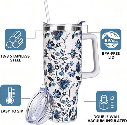 40 oz Tumbler with Handle and Straw Stainless Steel Insulated Tumbler Leak Proof Lid and Straw Lid Reusable Travel Mug Coffee Mug Cup Dishwasher Safe Keep Drinks Cold and Hot (Pink Dusk)