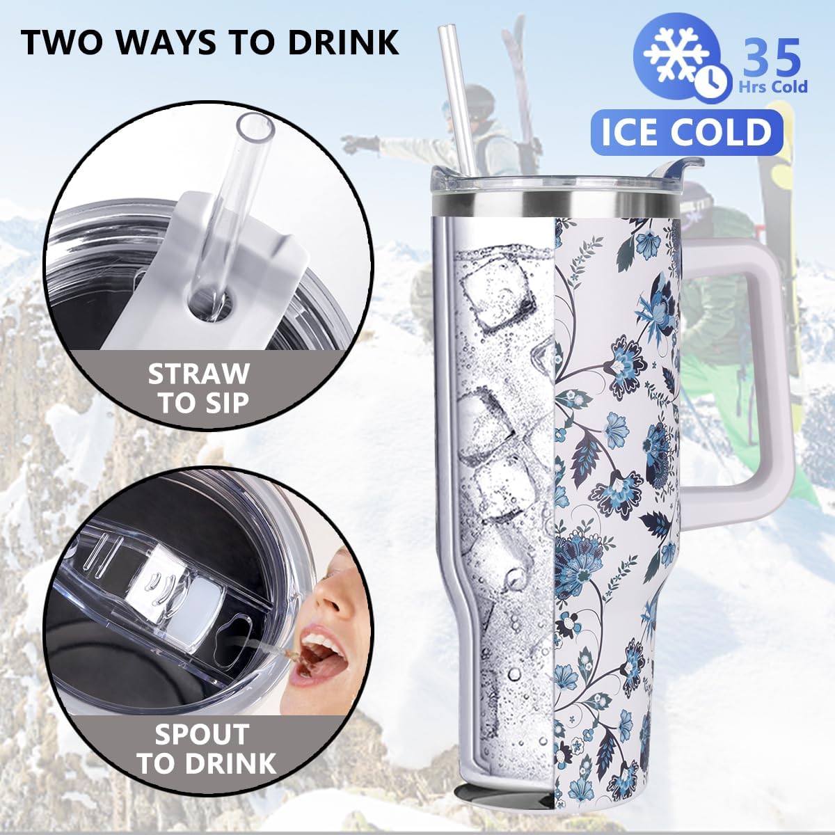 40 oz Tumbler with Handle and Straw Stainless Steel Insulated Tumbler Leak Proof Lid and Straw Lid Reusable Travel Mug Coffee Mug Cup Dishwasher Safe Keep Drinks Cold and Hot (Pink Dusk)