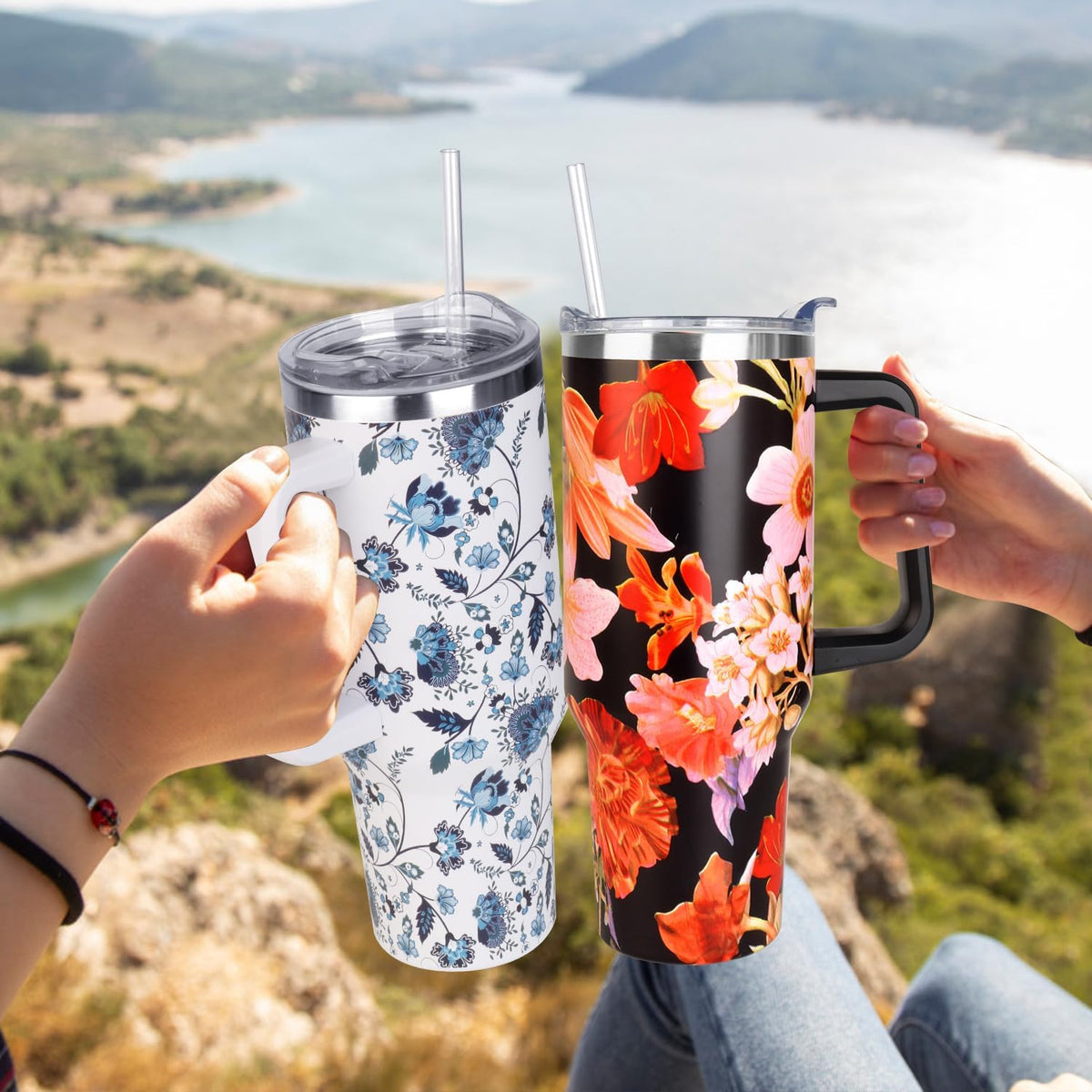 40 oz Tumbler with Handle and Straw Stainless Steel Insulated Tumbler Leak Proof Lid and Straw Lid Reusable Travel Mug Coffee Mug Cup Dishwasher Safe Keep Drinks Cold and Hot (Pink Dusk)