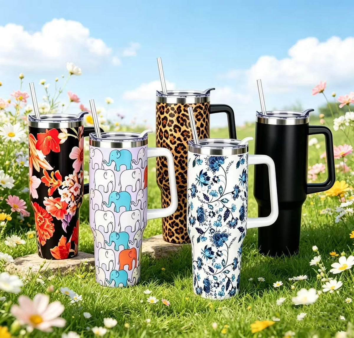 40 oz Tumbler with Handle and Straw Stainless Steel Insulated Tumbler Leak Proof Lid and Straw Lid Reusable Travel Mug Coffee Mug Cup Dishwasher Safe Keep Drinks Cold and Hot (Pink Dusk)