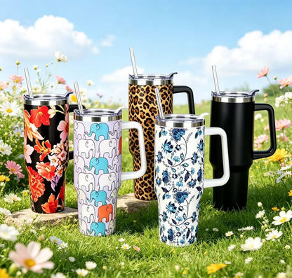 40 oz Tumbler with Handle and Straw Stainless Steel Insulated Tumbler Leak Proof Lid and Straw Lid Reusable Travel Mug Coffee Mug Cup Dishwasher Safe Keep Drinks Cold and Hot (Pink Dusk)