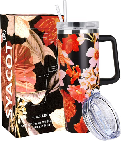 40 oz Tumbler with Handle and Straw Stainless Steel Insulated Tumbler Leak Proof Lid and Straw Lid Reusable Travel Mug Coffee Mug Cup Dishwasher Safe Keep Drinks Cold and Hot (Pink Dusk)