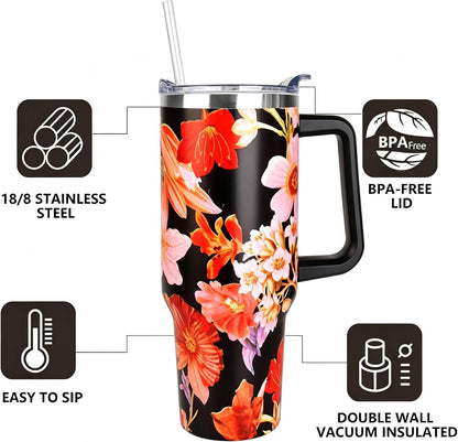 40 oz Tumbler with Handle and Straw Stainless Steel Insulated Tumbler Leak Proof Lid and Straw Lid Reusable Travel Mug Coffee Mug Cup Dishwasher Safe Keep Drinks Cold and Hot (Pink Dusk)