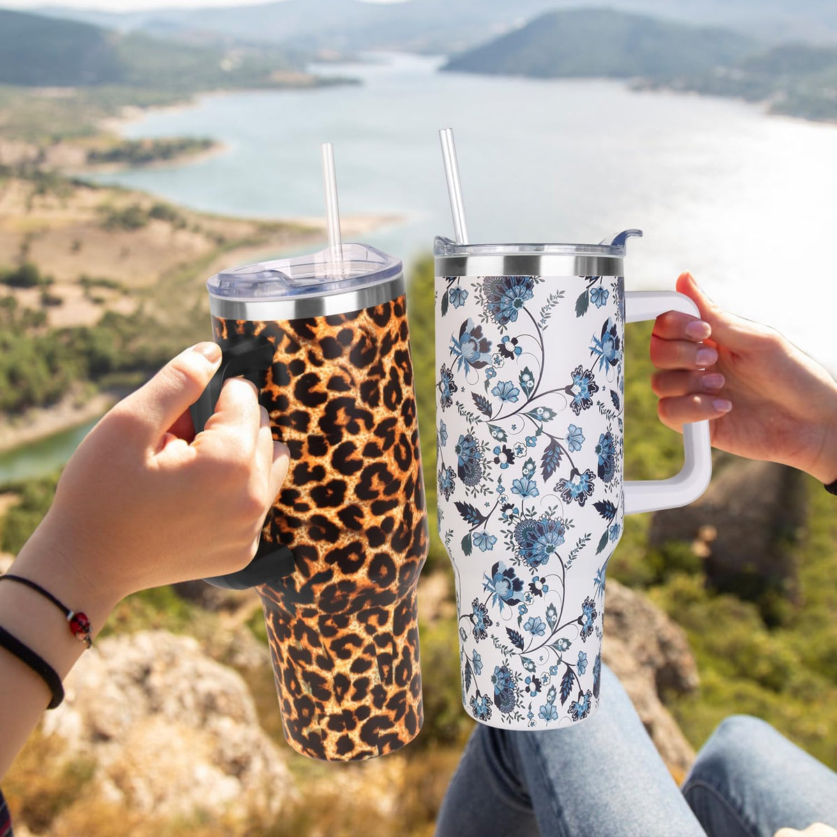 40 oz Tumbler with Handle and Straw Stainless Steel Insulated Tumbler Leak Proof Lid and Straw Lid Reusable Travel Mug Coffee Mug Cup Dishwasher Safe Keep Drinks Cold and Hot (Pink Dusk)