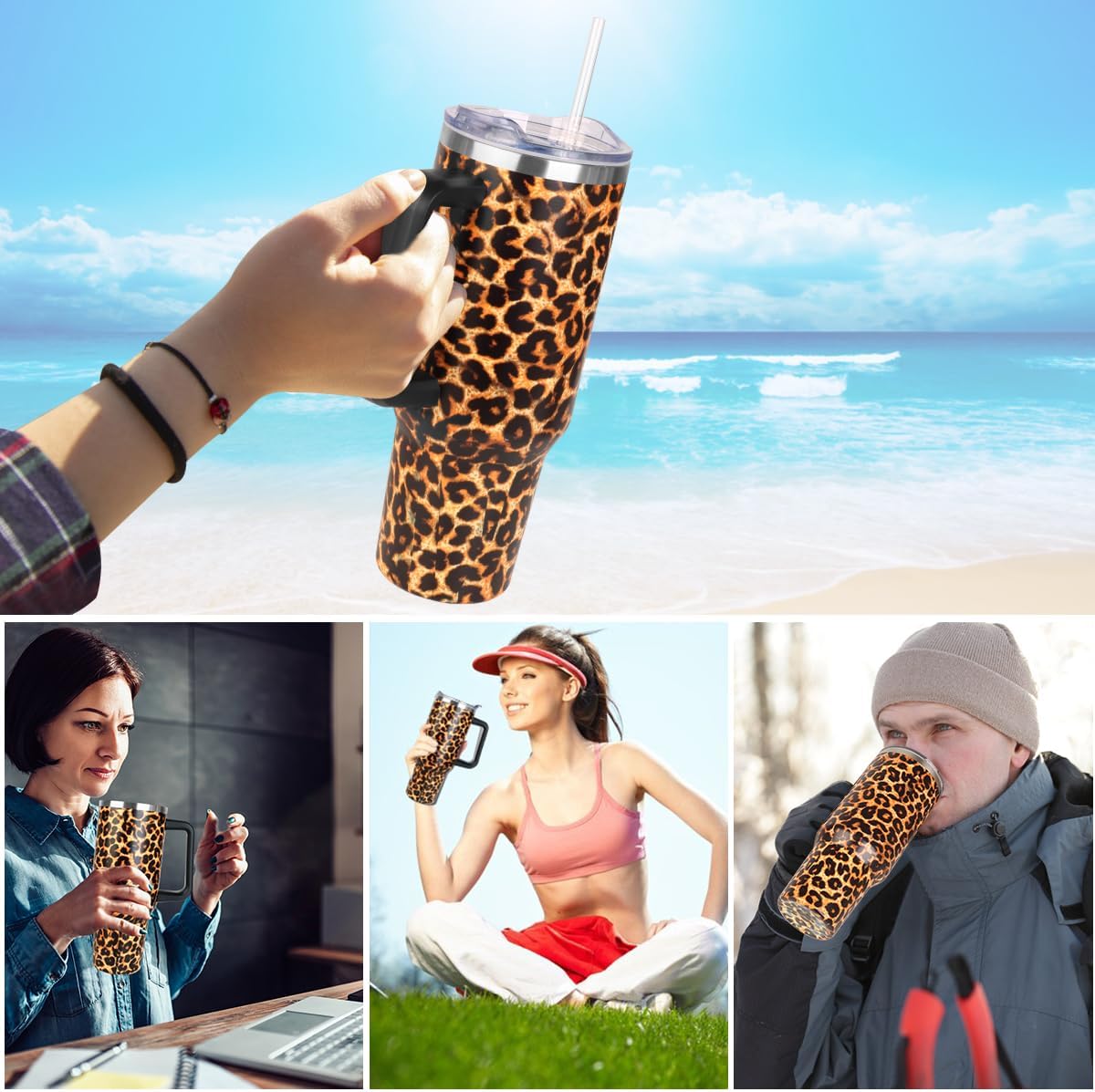 40 oz Tumbler with Handle and Straw Stainless Steel Insulated Tumbler Leak Proof Lid and Straw Lid Reusable Travel Mug Coffee Mug Cup Dishwasher Safe Keep Drinks Cold and Hot (Pink Dusk)