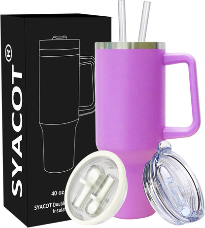 40 oz Tumbler with Handle and Straw Stainless Steel Insulated Tumbler Leak Proof Lid and Straw Lid Reusable Travel Mug Coffee Mug Cup Dishwasher Safe Keep Drinks Cold and Hot (Pink Dusk)